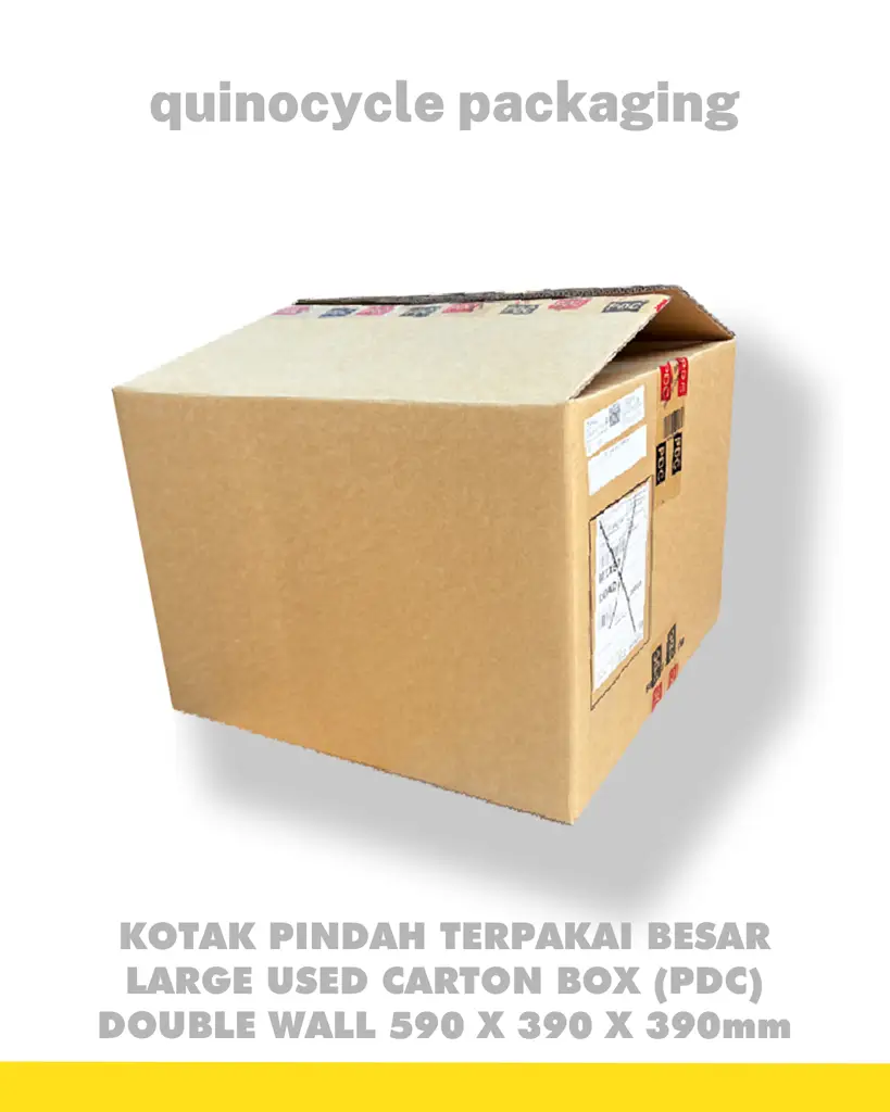 Large used double-wall carton box, 590 x 390 x 390mm, opened flap showing courier labels — Quinocycle